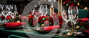 A table with red flowers and glasses