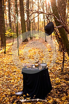 Table with ritual objects and a black hat in the autumn forest. Halloween Concept