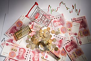 Shopping cart, magnifying glass, RMB, Economy, Curves, coins, cash photo