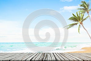 Table on Sea Summer Background Desk on Sand Beach and Ocean at Coast with Palm Tree and Deck White Cloud Blue Sky Sunny nature,