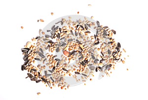 Table seed bird food mix cut out on white background
