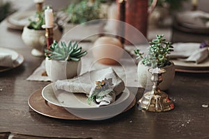 Table served with succulents for dinner in living room. Close up view on rustic napkin