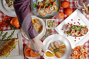 Table served for thanksgiving dinner. Autumn food on white background. Flat lay, top view, copy space