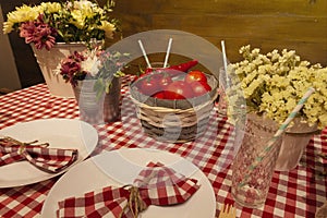 Table serving with flowers and caged tablecloth