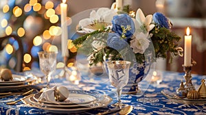 A table set with a beautiful blue and white Hanukkah tablecloth topped with goldaccented dinnerware and a vase of