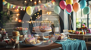 Table set for birthday with balloons, streamers, and desserts .