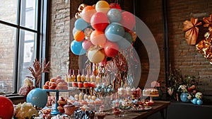 Table set for birthday with balloons, streamers, and desserts .