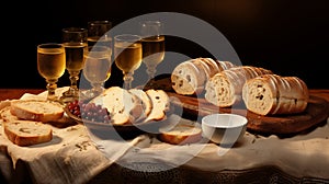 Table set with bread, wine, the Last Supper.AI Generated