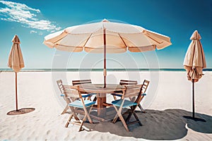 The table set, chairs and umbrella with beach and sky background. Concept for rest, relaxation. Generative AI.