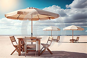 The table set, chairs and umbrella with beach and sky background. Concept for rest, relaxation. Generative AI.