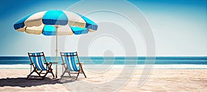 The table set, chairs and umbrella with beach and sky. Summer vacation, holidays concept banner. Generative AI.