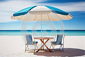 The table set, chairs and umbrella with beach and sky. Summer vacation, holidays concept. Generative AI.