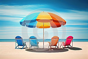 The table set, chairs and umbrella with beach and sky. Summer vacation, holidays concept. Generative AI.