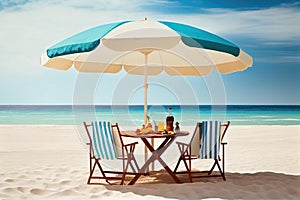 The table set, chairs and umbrella with beach and sky. Summer vacation, holidays concept. Generative AI.