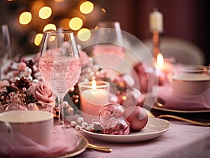 Table set for a christmas dinner with pink and gold decorations and candles, Christmas tree in the background. AI