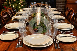 A table set for a christmas dinner with plates, silverware and candles, AI