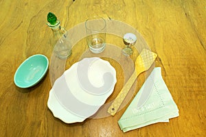 Table set with crockery and kitchen elements
