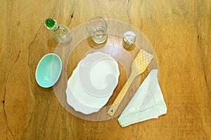 Table set with crockery and kitchen elements