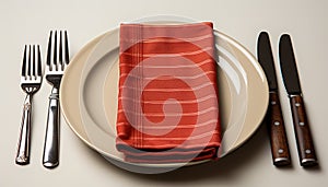 Table set with elegant crockery, silverware, and napkin generated by AI