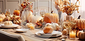 a table set with fall decorations and pumpkins