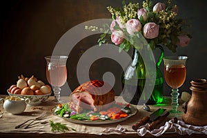 table set for festive dinner with easter ham vegetables and drinks