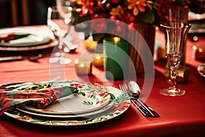 a table set with festive plates and boxing day napkins