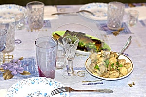 A table with food placed on it photo