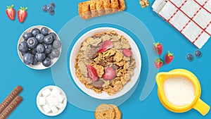 Table set of a healthy breakfast. Top view of a breakfast with fruits, cereal, pastry, chocolate and milk. Colorful and healthy