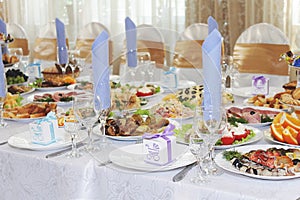 Table set with meal for event dinner