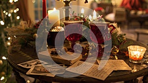 A table set for a night of caroling with songbooks jingle bells and mugs of hot mulled wine. Handwritten notes from photo