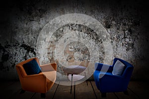 Table set in the old walls and old wooden room.