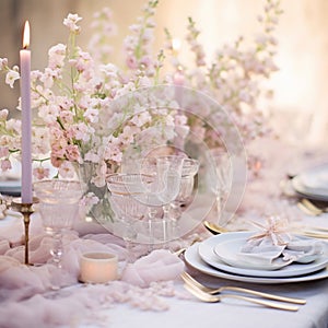 Table set in pastel colors, shabby chic style, festive lunch