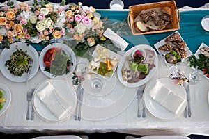 Table set and salad for a wedding reception top view