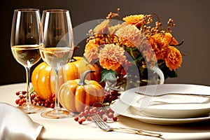 Table set for thanksgiving. Pumpkin, festive dinner, table setting. Halloween