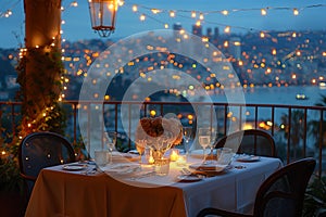 A table set for two on a rooftop overlooking city lights, creating a romantic ambiance