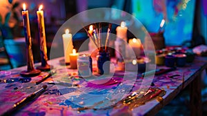 A table set up with an array of colorful paints and brushes catching the light from the nearby candles. 2d flat cartoon