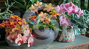 A table is set up with an assortment of potted plants ranging from vibrant succulents to elegant orchids. These gifts of
