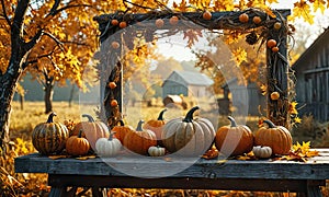 A table is set up with pumpkins and leaves on it. There are at least 11 pumpkins on the table, with some of them being w