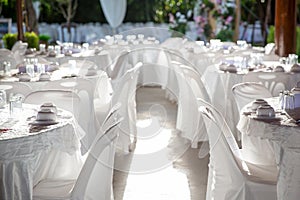 Table set for wedding or another catered event dinner, luxury wedding table setting for fine dining