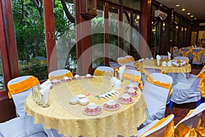 Table set for wedding or another catered event dinner, luxury wedding table setting for fine dining at indoors.