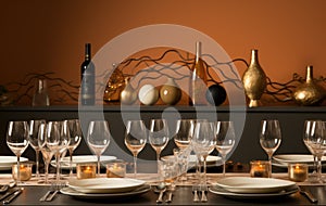 A table set with wine glasses, plates and silverware. Generative AI image.