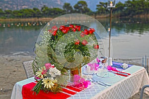 Table setting at beach restaurant