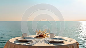 Table setting on the beach at the sunset with sea and sky. Generative AI