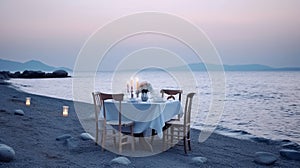 Table setting on the beach table with sea and sky. Generative AI