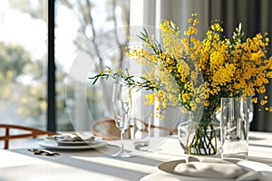 table setting. Bouquet of mimosa in a vase, plates and cutlery on a light table.