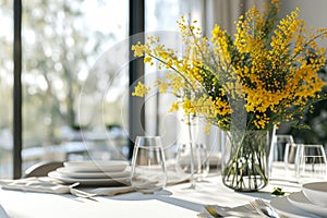 table setting. Bouquet of mimosa in a vase, plates and cutlery on a light table.