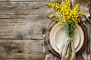 table setting. A bouquet of mimosa in a vase, plates and cutlery on a wooden table. top view.