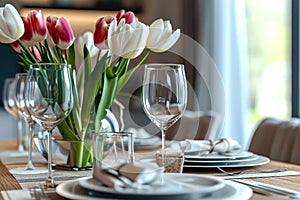 table setting. A bouquet of tulips in a vase, plates and cutlery on a wooden table.