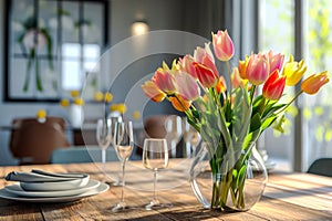 table setting. A bouquet of tulips in a vase, plates and cutlery on a wooden table.