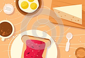 Table setting. Breakfast, bread with jam, scrambled eggs and cheese Vector. Cartoon.